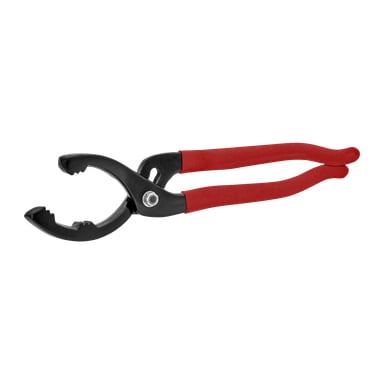 Meec Tools oljefiltertånger med svarta, böjda tandade käkar och röda gummibelagda handtag.