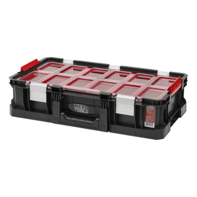 En plastlåda för Meec Tools Assortment i svart och rött, märkt som Module-Box System: I. Den har ett transparent lock, nio fack inuti, ett stadigt svart handtag med Meec Tools-loggan på framsidan och är säkrad med två metalllås.