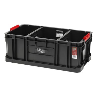 Et svart Meec Tools Tool Box Module-Box System: III, rektangulært i formen, kommer med røde håndtak og rom inni for sortering. Synlig merkevare vises på forsiden, og det er en sideetikett; Ideelt for å arrangere eller bære verktøy og utstyr.