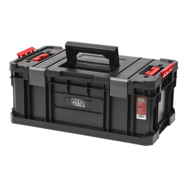 Ett svart plast Meec Tools Module-Box System: IV-verktygslåda med röda lås och ett stadigt centralt handtag. Den stängda lådan visar Meec Tools-etiketten på framsidan och en produktetikett på sidan.
