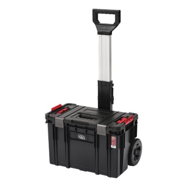 Black Meec Tools Tool Trolley Module-Box System med teleskophåndtak, to røde lokklåser, to grå sideklips og et par hjul.