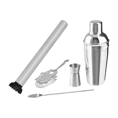 Menuett Drinks-sett med 5 deler inkluderer en muddler i rustfritt stål, sil, jigger, cocktailshaker og langskaftet mikseskje, alt organisert i en ryddig utforming.