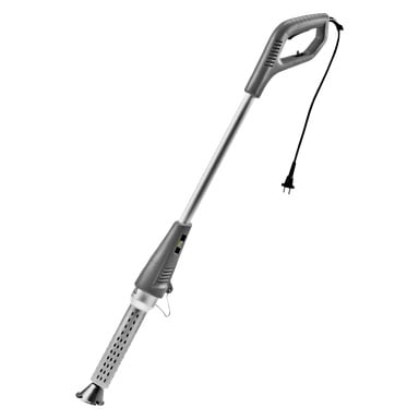 Szary palnik Meec Tools do zwalczania chwastów z długim uchwytem, metalową dyszą, wentylowaną lufą i podłączonym czarnym kablem zasilającym z wtyczką.