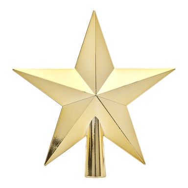 En skinnende, gullfarget femtakket stjerne fra Menuett med metallisk finish og en liten sylindrisk base, designet som dekorativ juletretopp.