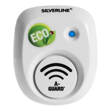 En Silverline Spider skrämare S30 elektronisk enhet med ECO- och A-GUARD-etiketter, ett runt högtalargaller och en liten blå indikatorlampa.