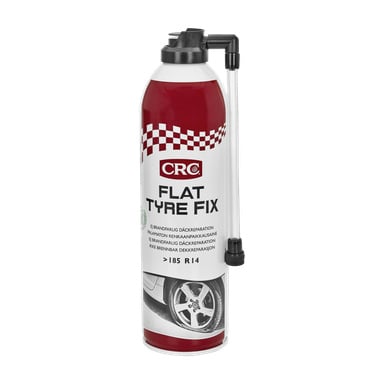 En röd och vit burk CRC Puncture Spray Flat Tire FIX med en svart slang fastsatt. Etiketten innehåller en illustration av ett bilhjul längst ner.