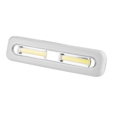 Prostokątna biała lampa LED do szafy z dwoma żółtymi poziomymi paskami świetlnymi widocznymi pod przezroczystą osłoną, odpowiednia do montażu na ścianach lub sufitach.
