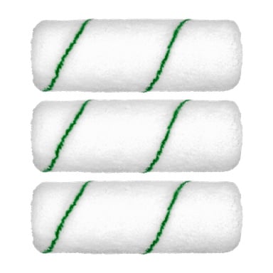 Drei Anza Roller mittelglatte Elite-Abdeckungen sind nebeneinander angeordnet und zeigen jeweils einen einzelnen diagonalen grünen Streifen. Das Set enthält drei saubere, ungenutzte Rollbezüge.