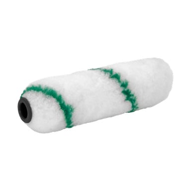 Der Anza Mini-roller medium smooth Elite hat eine flauschige weiße Abdeckung mit zwei grünen diagonalen Streifen und einem schwarzen Kunststoffkern.
