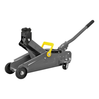 En kompakt grå Meec Tools-domkraft med gult handtag, en lång svart spak och fyra hjul för enkel rörelse.