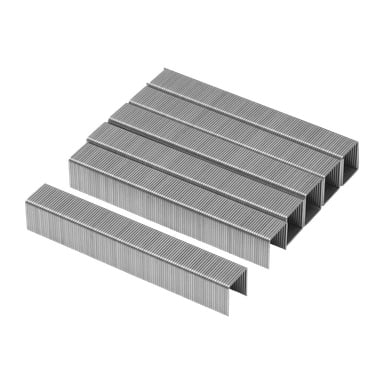 En Meec Tools Staples 1000-pakke vises, med pene rader av ubrukte sølvstifter med én rad adskilt fra resten.