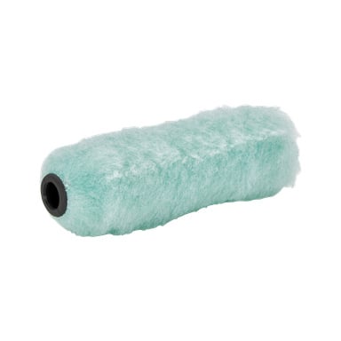 Eine Nahaufnahme des Anza Mini-roller medium smooth Basic hebt seine fluffige hellgrüne Textur und den schwarzen Kunststoffkern hervor.