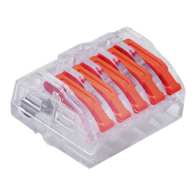 Duwi Splicing Connectors 5 Pack zawiera przezroczyste plastikowe złącza, każde z pięcioma pomarańczowymi dźwigniami zaprojektowanymi do łączenia kilku przewodów elektrycznych.