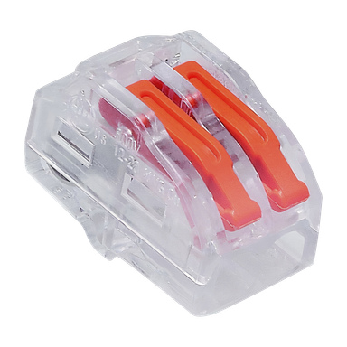 Na zdjęciu jest 5-pakiet złączek Duwi Splicing Connectors, każdy z przezroczystego plastiku i wyposażony w dwie pomarańczowe dźwignie zaprojektowane do bezpiecznego połączenia przewodów.