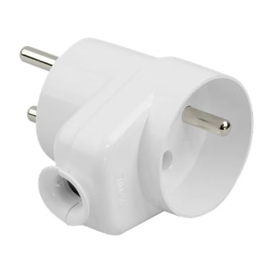 Biały adapter elektryczny Duwi Plug z dwoma okrągłymi bolcami i jednym okrągłym gniazdkiem, przeznaczony do przerabiania lub wydłużania gniazdka elektrycznego.