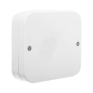 Duwi Switchbox z białą, kwadratową plastikową obudową, zaokrąglonymi rogami, dwoma śrubami skierowanymi do przodu i delikatnie tłoczonymi detalami.