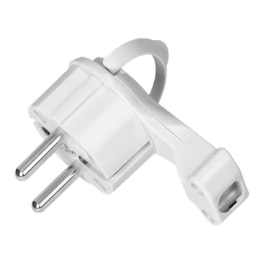 Duwi Plug to biały adapter elektryczny z dwoma okrągłymi bolcami i łukowatym uchwytem na górze. Na przeciwległym końcu jest gniazdko do podłączenia innego urządzenia.