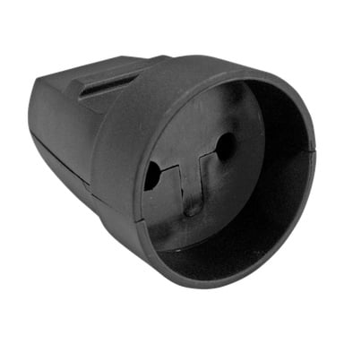 Zbliżenie na wtyczkę Duwi Extension Socket, adapter wtyczki z dwoma okrągłymi otworami i szczeliną uziemiającą przeznaczoną dla europejskich wtyczek.