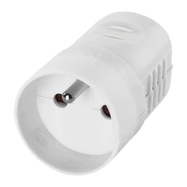 Zbliżenie na gniazdo Duwi Extension, biały europejski adapter wtyczki z dwoma okrągłymi metalowymi bolcami i cylindryczną plastikową obudowę.