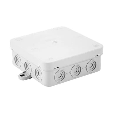 Kwadratowa biała plastikowa puszka Duwi Junction z zaciskiem, z kilkoma okrągłymi otworami po bokach do połączeń przewodowych.