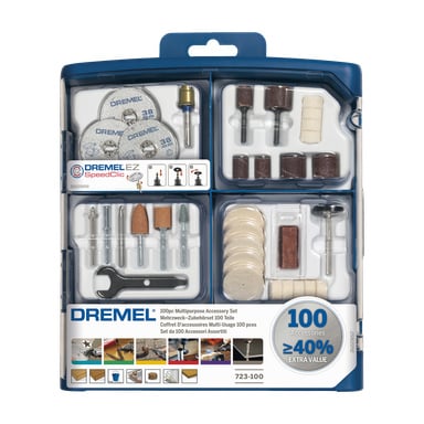 Dremel-slip-/gravörset 723 visas i ett blått plastfodral, innehållande 100 olika delar inklusive skivor, sliptrummor, slipstenar och poleringshjul prydligt arrangerade i särskilda fack.