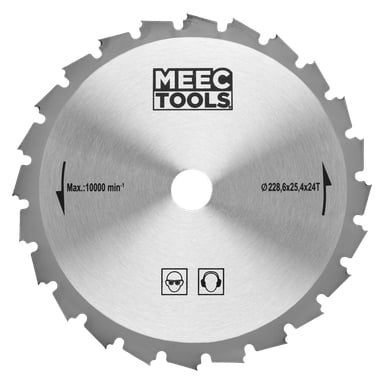 Meec Toolsin sahaterä, jonka halkaisija on 228,6 mm, akselin reikä 25,4 mm ja 24 sahalaitaista hammasta, on merkitty maksiminopeudella 10 000 min⁻¹, ja siinä on turvasymbolit silmä- ja korvasuojauksen käyttöön.