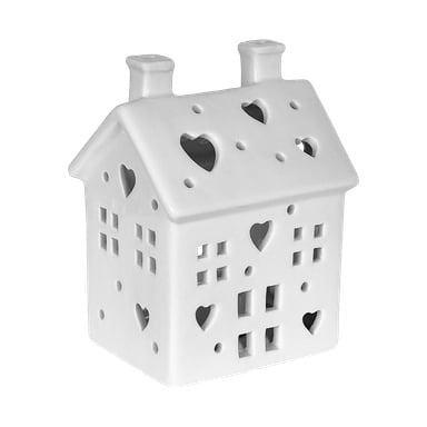 Menuett – weiße Keramiklaterne in Hausform mit Ausschnitten in Form von Herzen und Rechtecken.