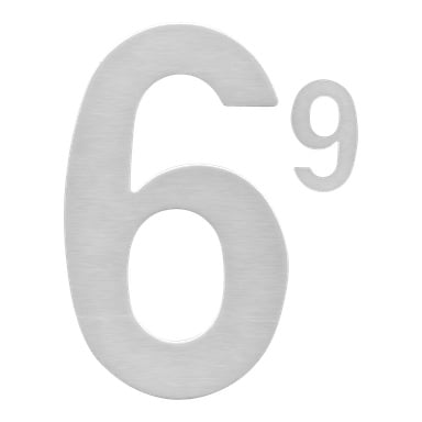 Metalliviimeistelty Hard Head -itsekiinnittyvä numero 6, jossa pienempi metallinen 9 on sijoitettu oikeaan yläkulmaan kuin eksponentti.