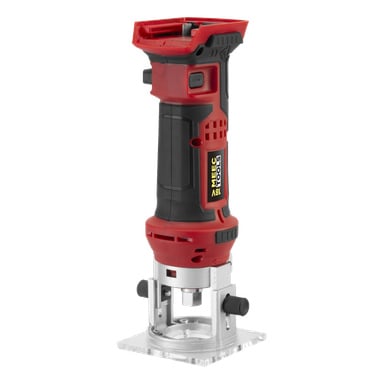 En rød og svart trådløs elektrisk trimfres med gjennomsiktig bunnplate står oppreist. Verktøyet er merket Meec Tools Multiseries Handheld router ML-18V HOME 500.
