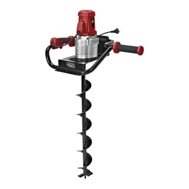 Eine Erdschnecke von Meec Tools mit rot-silbernem Motor, zwei schwarzen Griffen und einem schwarzen Spiralbohrer. Das Werkzeug ist dafür gedacht, Löcher in den Boden zu machen, und oben rechts ist ein Netzkabel sichtbar.