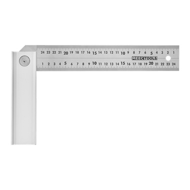 Et Meec Tools metallsett kvadratisk med presise metriske markeringer fra 0 til 24 centimeter langs linjalkanten, laget for nøyaktige rettvinklede målinger.