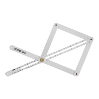 Meec Tools vinkelmåler med tre flate metallarmer koblet sammen med en messingpivot, som viser måleskalaer og Meec Tools-logoen, brukt til å måle eller gjenskape ulike vinkler.