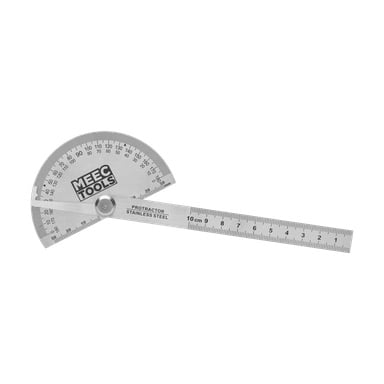 En Meec Tools vinkelmåler i rustfritt stål med en 180-graders halvsirkelformet skala og en integrert rett linjal som måler 15 cm.