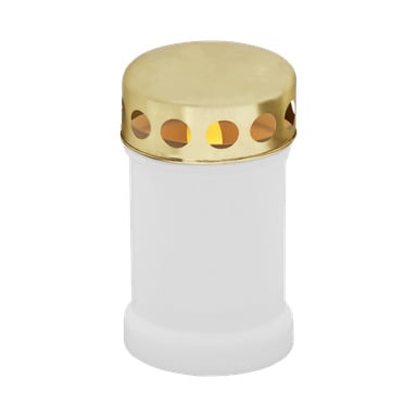 Lampa LED Menuett Grave z białym cylindrycznym słoikiem i złotą metalową pokrywą ozdobioną okrągłymi perforacjami, pozwalającą ciepłemu światłu LED w środku przebijać się przez otwory.