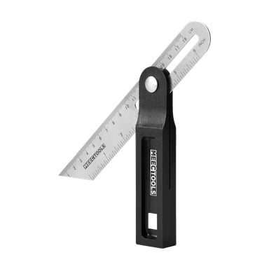 Ein Meec Tools Schiebe-T-Fasen mit schwarzem Griff und einer silbernen Klinge, die sowohl Zentimeter- als auch Zollmarkierungen aufweist. Das Werkzeug ist schräg eingestellt, und der Name Meec Tools erscheint sowohl am Griff als auch auf der Klinge.