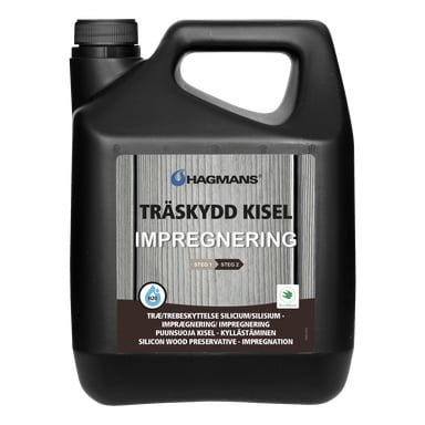 En 2,5-liters svart plastbehållare med Hagmans Kisel silikonträkonserveringsmedel med handtag och skruvlock. Produktetiketten ger detaljerad information om träbehandlingen.