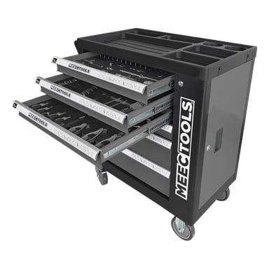 En svart verktygsvagn från Meec Tools med etiketten "Tool trolley 167 pieces" har fyra lådor som är delvis öppna, var och en organiserad med skiftnycklar och olika handverktyg. Vagnen har silverhandtag, fack på den övre brickan och visar Meec Tools-logotypen på sidan.