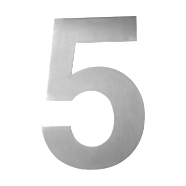Suuri Hard Head House -numero, joka on muotoiltu numeroksi 5, valmistettu harjatulla teräspinnalla ja terävillä, suorilla reunoilla.