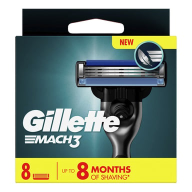 En Gillette Mach3 refillförpackning för rakblad med 8 patroner, med text som anger upp till 8 månaders rakning och en NEW-etikett i det övre högra hörnet. Förpackningen är mestadels svart och gul.