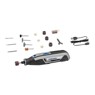 Ett Dremel Lite 7760-15 roterande verktygskit, inklusive huvudverktyget, olika slip- och sliptillbehör, en skiftnyckel, en kompakt USB-laddningskabel och en filtplatta, allt organiserat snyggt tillsammans.