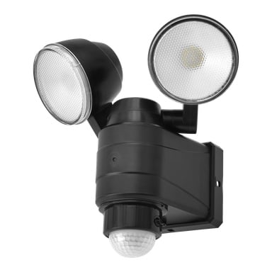 Reflektor LED Anslut to zewnętrzna oprawa zabezpieczająca z dwoma regulowanymi lampami okrągłymi i białym czujnikiem ruchu umieszczonym u podstawy, przeznaczona do montażu na ścianie.