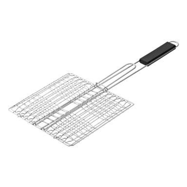En Burns & Barkles BBQ Grill-halster med en metallkorg i ett rutnätsmönster och ett svart, värmetåligt handtag, designad för att säkert hålla maten på plats under grillning eller grillning.