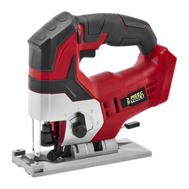 Punamusta Jigsaw JS-18V HOME 300 Meec Tools Multiseries -mallista, jossa on Meec Tools -logo, kahva, liipaisin, säädettävä pohjalevy, näkyvä terä ja sivusäätönupit.