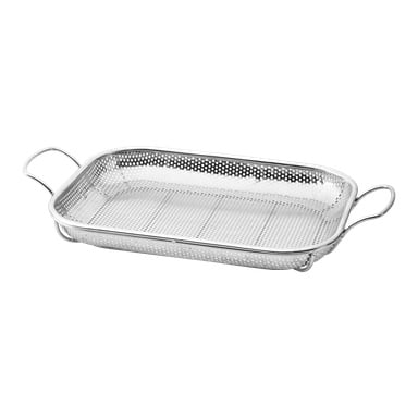 En rostfri stålpanna från Burns & Barkles i rektangulär form, med hål överallt och stadiga handtag på vardera sidan, lämplig för grillning eller silning av mat.
