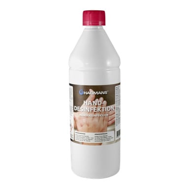 En vit plastflaska med röd kork, märkt "Hagmans handsprit", med en bild av händer och användningsanvisningar på framsidan.