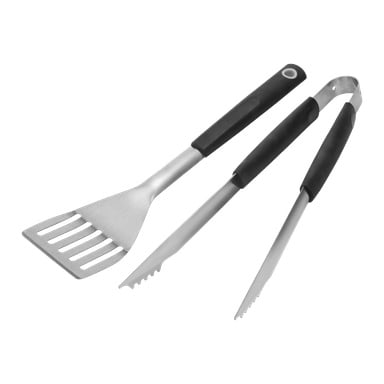 Burns & Barkles BBQ Tool Set inkluderar en metallspatel och metalltånger, båda med svarta handtag, placerade bredvid varandra.