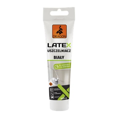 Biała tuba oznaczona "Dragon Latex Sealant" przedstawia grafikę pokazującą, że można go używać zarówno wewnątrz, jak i na zewnątrz oraz do naprawy pęknięć, o masie netto 165 g. Górna część rurki ma logo smoka z symbolem smoka.