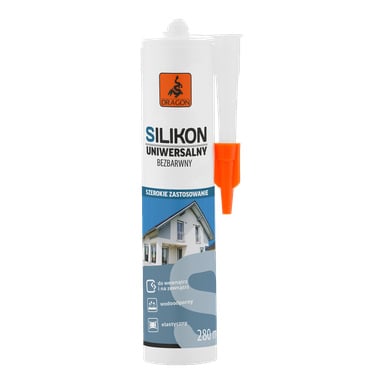 Tubka silikonu Dragon Universal o pojemności 280 ml z pomarańczową nakrętką i dyszą. Etykieta przedstawia dom i ikony wskazujące, że produkt jest przeznaczony do użytku wewnątrz i na zewnątrz, wodoodporny i elastyczny.
