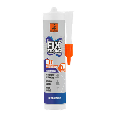 Tubka kleju Dragon Construction Fix Strong z pomarańczową nakrętką. Etykieta wskazuje na podparcie dla 70 kg/cm², podkreśla, że klej jest przezroczysty, nadaje się do użytku zarówno w pomieszczeniach, jak i na zewnątrz oraz jest prosty w użyciu.