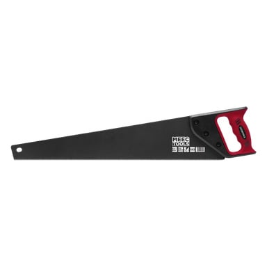 Ręczna piła Meec Tools z czarno-czerwonym ergonomicznym uchwytem, ząbkowanym ostrzem oznaczonym białymi wymiarami oraz logo Meec Tools na ostrzu.
